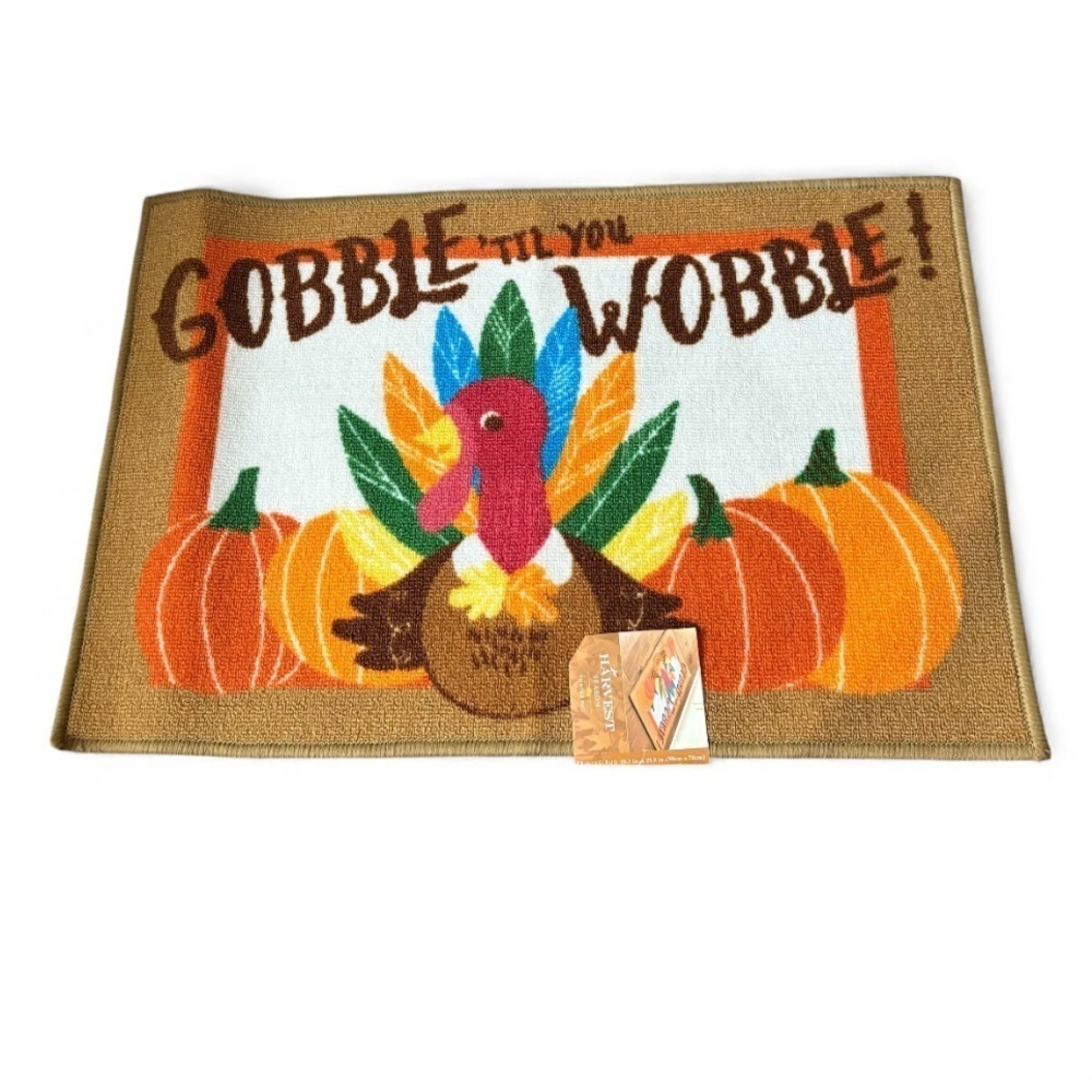 Festive Turkey Pumpkin Doormat Throw Rug Gobble Til You Wobble Thanksgiving NEW
